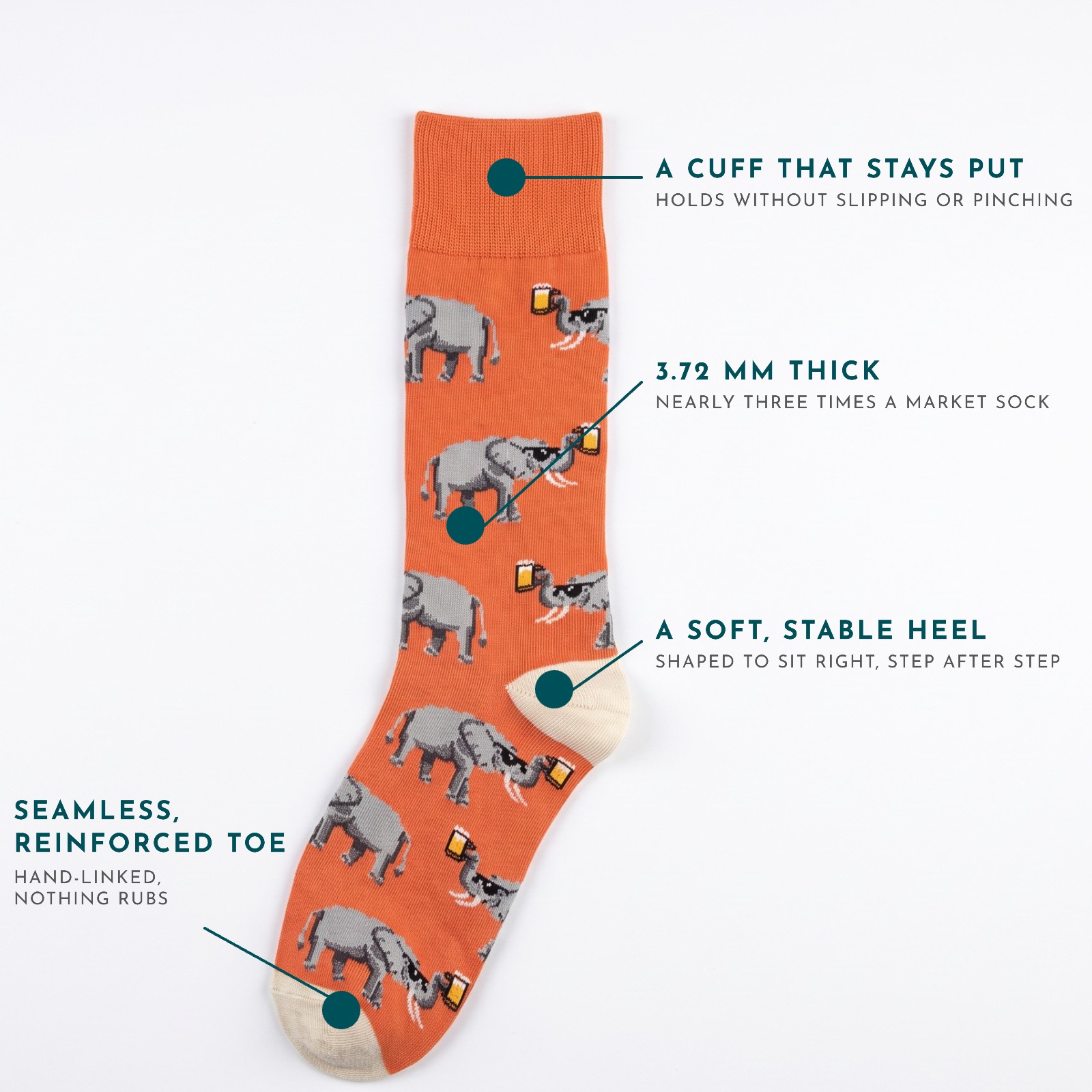 Sokk Republic orange elephant sock: cuff that stays put, 3.72 mm thick, soft stable heel, seamless reinforced toe